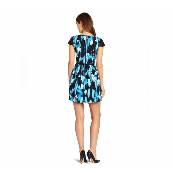 KENSIE Falling Leaves Dress Fall Blue Black Multi Feather Print Cap Sleeve 10 - Picture 2 of 12